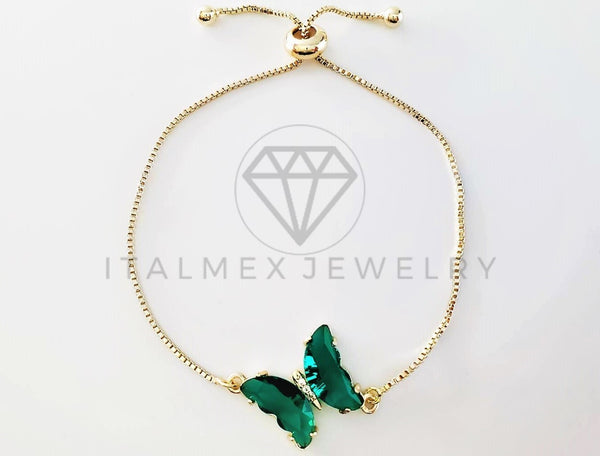 Pulsera de Lujo - 103201 - Diseño Ajustable con Mariposa CZ Verde Aqua Oro Laminado 18K