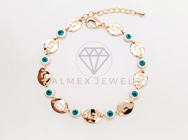 Pulsera de Lujo - 103449 - Diseño Grecas con Ojo Turco Blanco Oro Laminado 18K