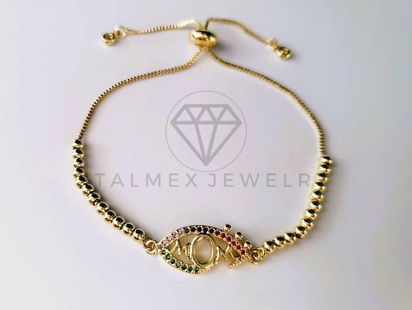 Pulsera de Lujo - 103717 - Diseño Ajustable Ojo Turco Mom CZ Color Oro Laminado 18K