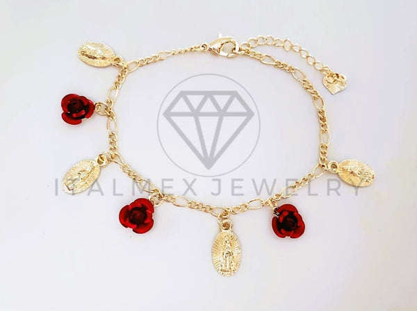 Pulsera Elegante - 103996 - Pulsera Medallas Virgen de Guadalupe y Rosas Rojas Oro Laminado 18K