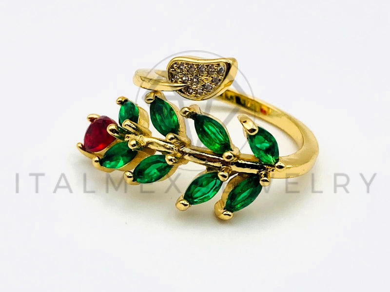 Anillo de Dama - 105584 - Anillo Hoja y Flor Circonia Verde y Roja Oro Laminado 18K