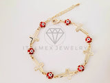 Pulsera de Lujo - 105287 - Pulsera Cruz y Ojo Turco Rojo Oro Laminado 18K