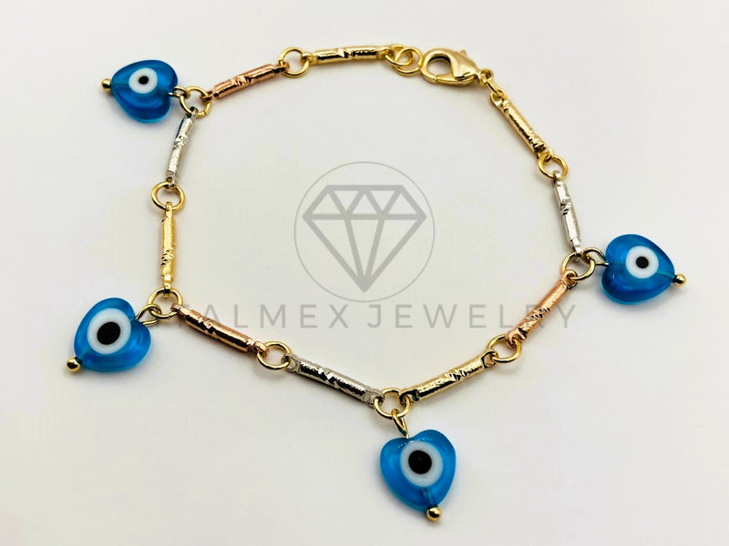 Pulsera de Lujo - 106210 -Pulsera Barras y Corazon con Ojo Turco azul- Oro Laminado