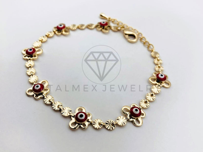 Pulsera de Lujo - 106217 -Pulsera Mariposas y Ojo Turco Rojo - Oro Laminado