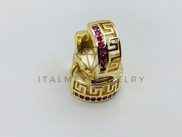 Arete de Lujo - 106023 -Huggie Grecas con Circonia Rosa - Oro Laminado 18K