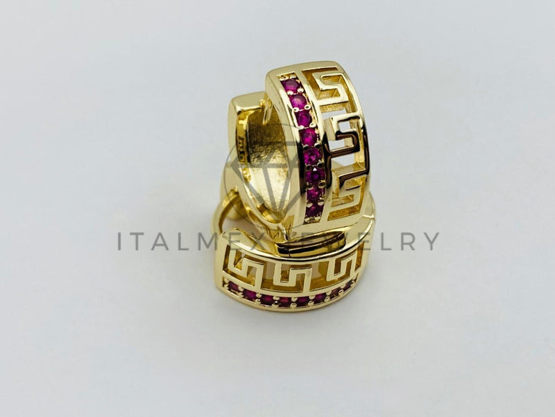 Arete de Lujo - 106023 -Huggie Grecas con Circonia Rosa - Oro Laminado 18K