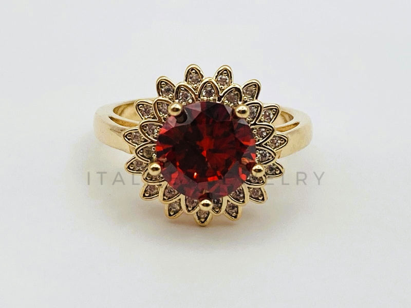 Anillo de Dama - 106093 - Anillo Flor con Circonia Roja - Oro Laminado