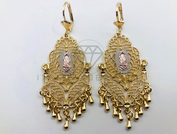 Arete de Lujo - 102892 - Arete Largo Filigrana con Virgen de Guadalupe Oro Laminado 18K