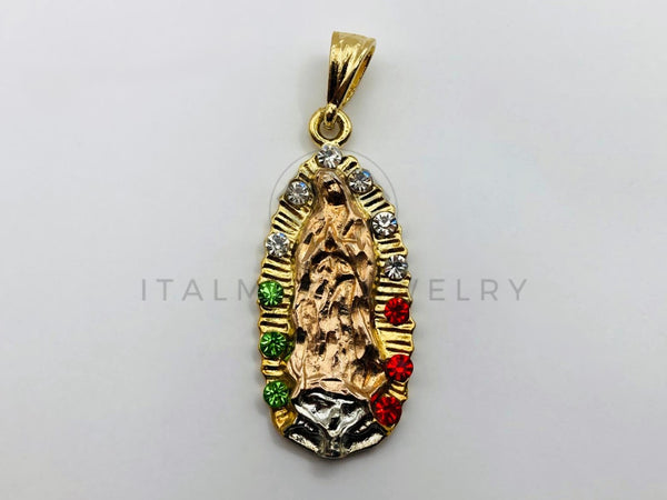 Dije Religioso - 100444 - Virgen de Guadalupe con Circonia Tricolor Oro Laminado 18K