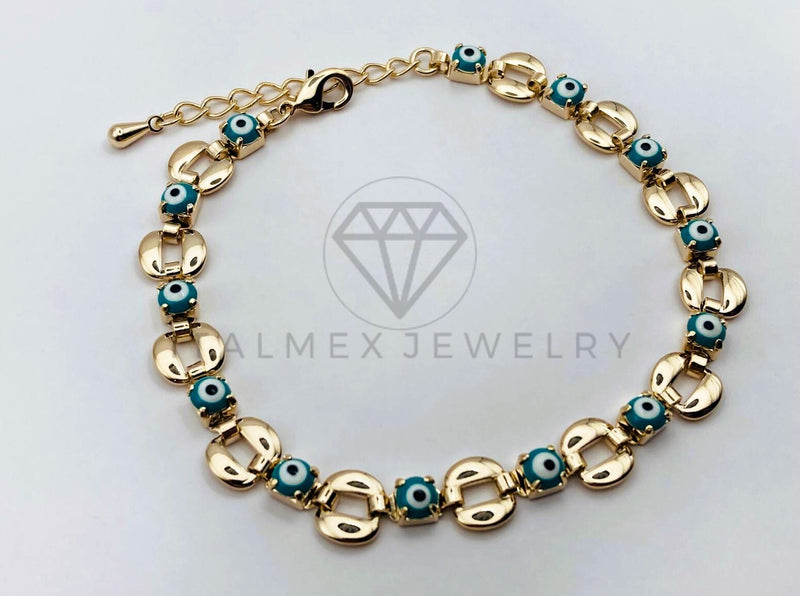 Pulsera de Lujo - 106218 -Pulsera Eslabon O y Ojo Turco Azul - Oro Laminado