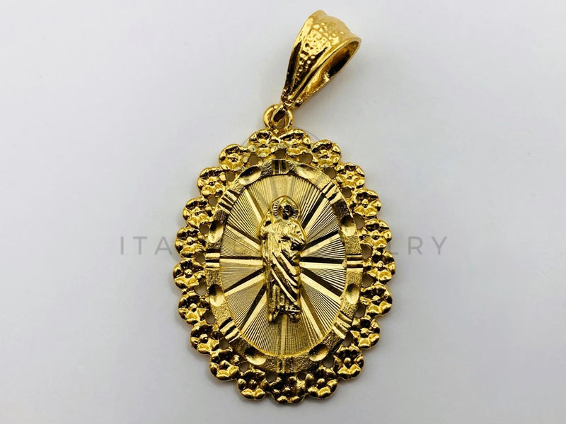 Dije de Lujo - 104189 - Medalla Diamantada de San Judas Bisel Flores - Oro Laminado 18K