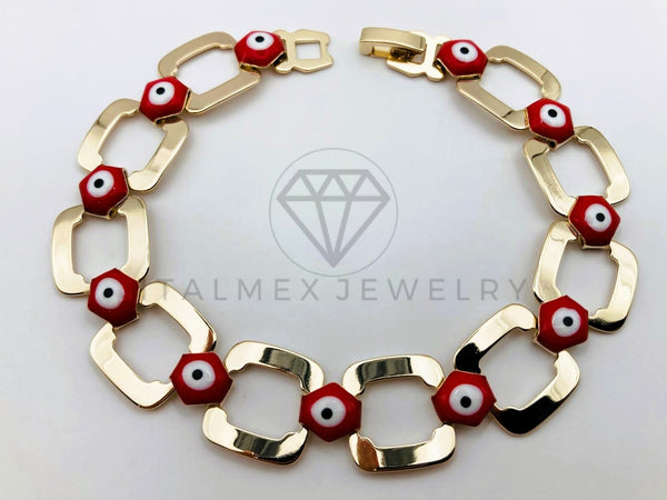 Pulsera de Lujo - 106199 - Pulsera Eslabon y Ojo Turco Rojo - Oro Laminado