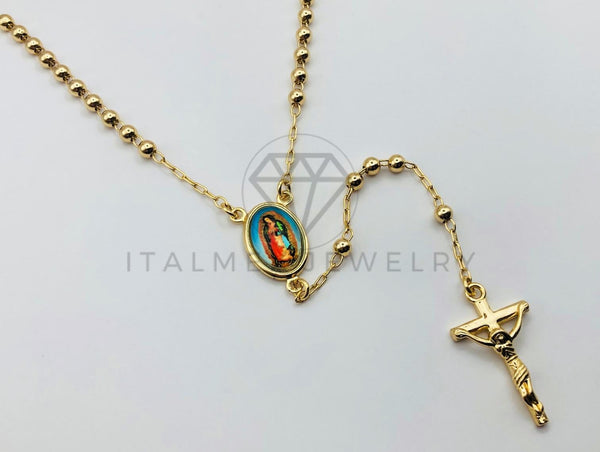 Rosario de Lujo - 105905 - Estilo Clásico Bola Lisa con Medalla de Virgen Guadalupe Oro Laminado 18K