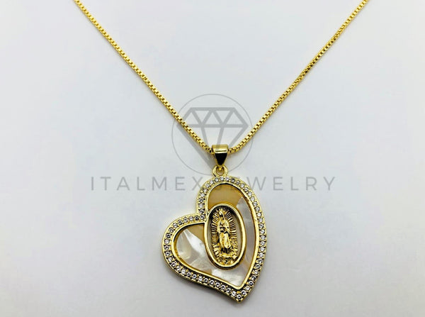 Collar Elegante - 105957 -Collar Corazon de Perla con Virgen Oro Laminado 18K