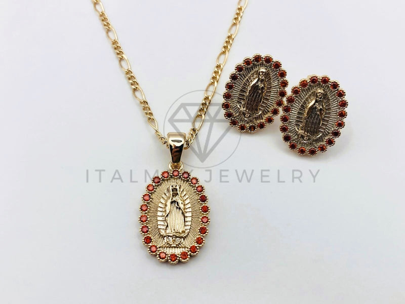 Juego de Lujo - 106236 - Juego Virgen de Guadalupe con Circonia Roja - Oro Laminado