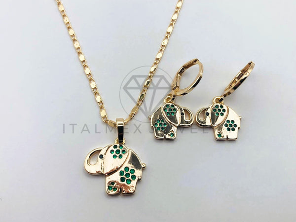 Juego de Lujo - 103653 - Diseño de Elefante Circonia Verde - Oro Laminado 18K