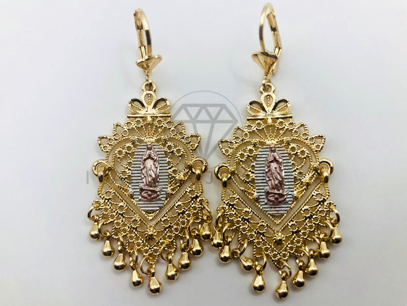 Arete de Lujo - 102898 - Arete Largo Filigrana con Virgen Oro Laminado 18K