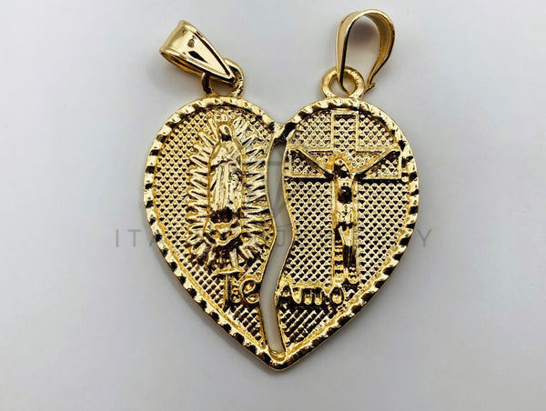 Dije de Lujo - 102351 - Corazón Partido Virgen y Cristo Tamaño Mediana - Oro Laminado 18K