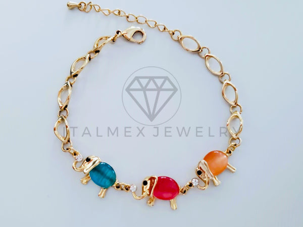 Pulsera de Lujo - 104849 - Diseño Elefantes con Piedra Color Pastel - Oro Laminado 18K