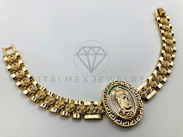 Pulsera de Lujo - 105980 -Esclava Virgen de Guadalupe Grecas y Circonia Tricolor - Oro Laminado