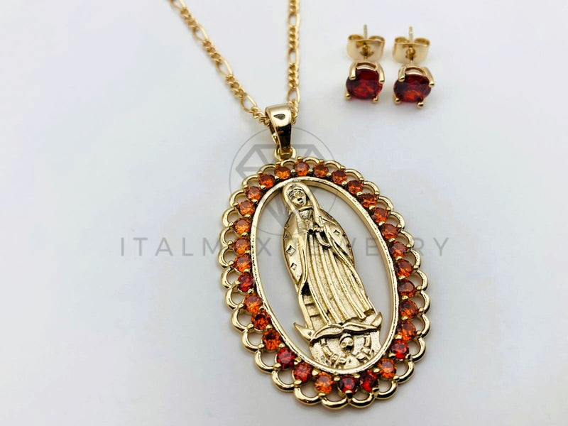 Juego de Lujo - 106228 - Juego Virgen de Guadalupe con Circonia Roja - Oro Laminado 18K