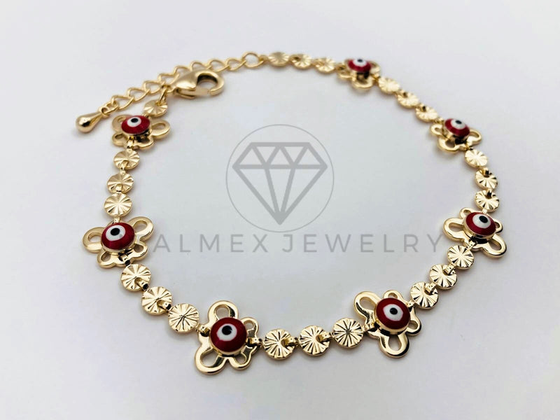 Pulsera de Lujo - 106217 -Pulsera Mariposas y Ojo Turco Rojo - Oro Laminado