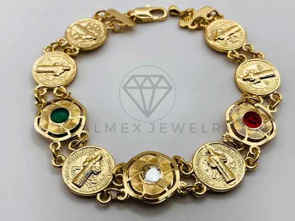 Pulsera de Lujo - 100143 - Diseño de Moneda de San Benito Circonia Tricolor Oro Laminado 18K