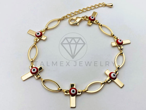 Pulsera de Lujo - 106207 - Pulsera Cruces y Ojo Turco Rojo - Oro Laminado