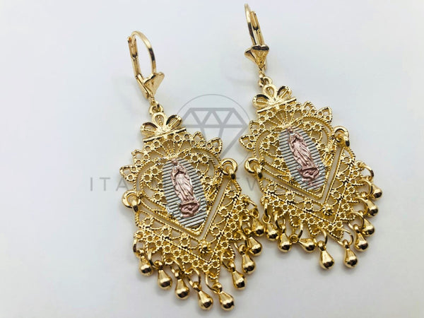 Arete de Lujo - 102898 - Arete Largo Filigrana con Virgen Oro Laminado 18K