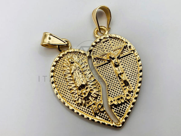 Dije de Lujo - 102351 - Corazón Partido Virgen y Cristo Tamaño Mediana - Oro Laminado 18K