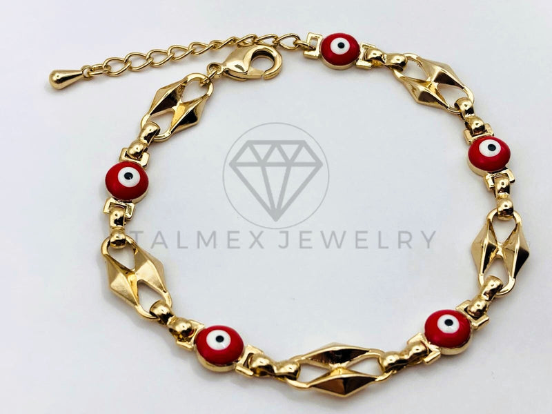 Pulsera de Lujo - 106220 -Pulsera Eslabon y Ojo Turco Rojo - Oro Laminado