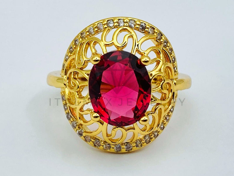 Anillo de Dama - 105763 - Anillo Solitario Floral Circonia Roja Oro Laminado 18K