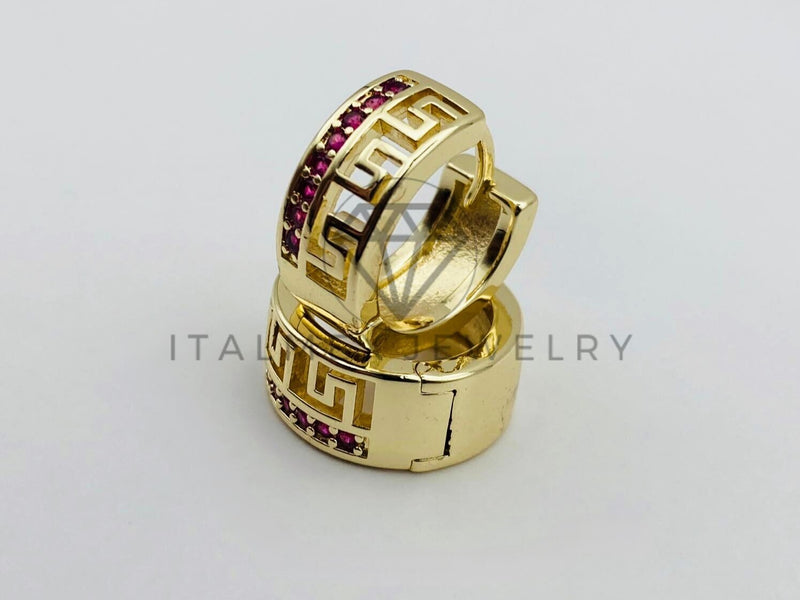 Arete de Lujo - 106023 -Huggie Grecas con Circonia Rosa - Oro Laminado 18K