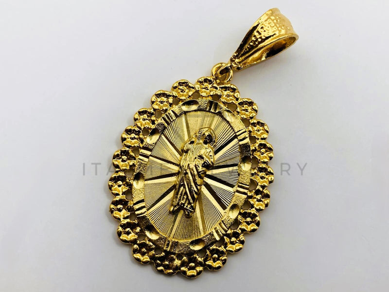 Dije de Lujo - 104189 - Medalla Diamantada de San Judas Bisel Flores - Oro Laminado 18K