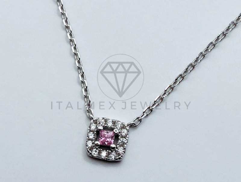 Collar de Lujo - 103626 - Estilo Cuadrado Circonia Rosa - Plata .925