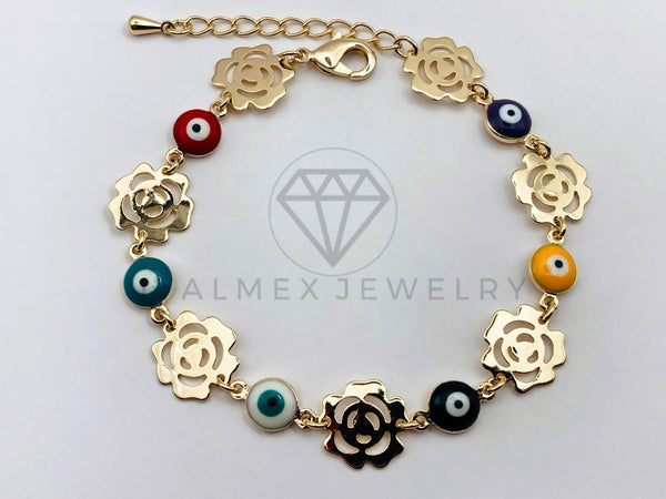 Pulsera de Lujo - 106219 -Pulsera Rosas y Ojo Turco Colores - Oro Laminado