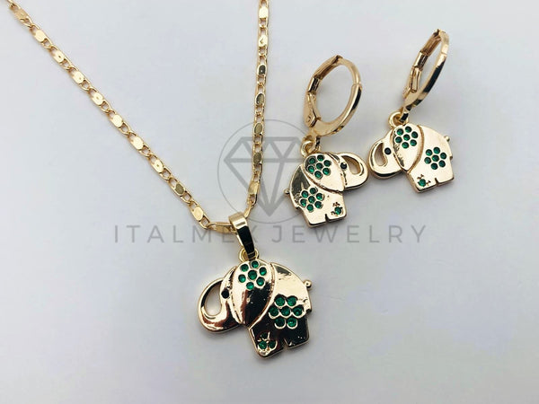 Juego de Lujo - 103653 - Diseño de Elefante Circonia Verde - Oro Laminado 18K