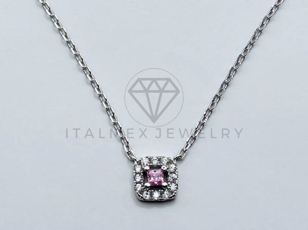 Collar de Lujo - 103626 - Estilo Cuadrado Circonia Rosa - Plata .925