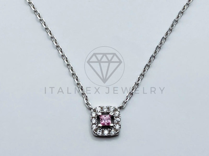 Collar de Lujo - 103626 - Estilo Cuadrado Circonia Rosa - Plata .925