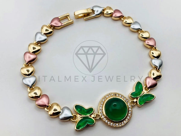 Pulsera de Lujo - 106035 -Pulsera Corazones y Mariposas Verdes - Oro Laminado