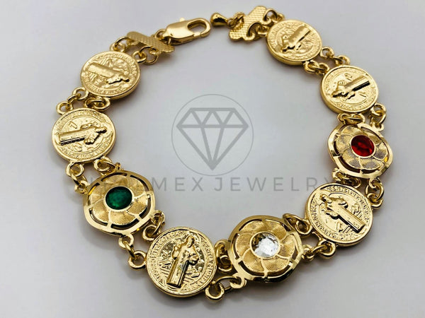 Pulsera de Lujo - 100143 - Diseño de Moneda de San Benito Circonia Tricolor Oro Laminado 18K