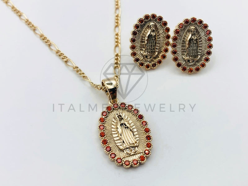 Juego de Lujo - 106236 - Juego Virgen de Guadalupe con Circonia Roja - Oro Laminado