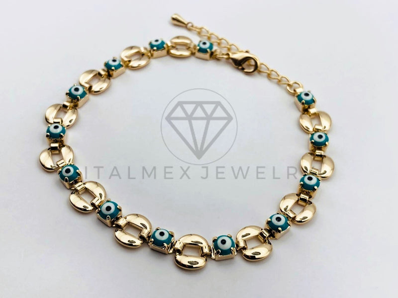 Pulsera de Lujo - 106218 -Pulsera Eslabon O y Ojo Turco Azul - Oro Laminado