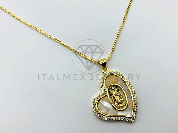 Collar Elegante - 105957 -Collar Corazon de Perla con Virgen Oro Laminado 18K