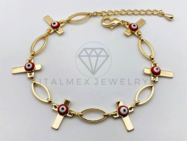 Pulsera de Lujo - 106207 - Pulsera Cruces y Ojo Turco Rojo - Oro Laminado