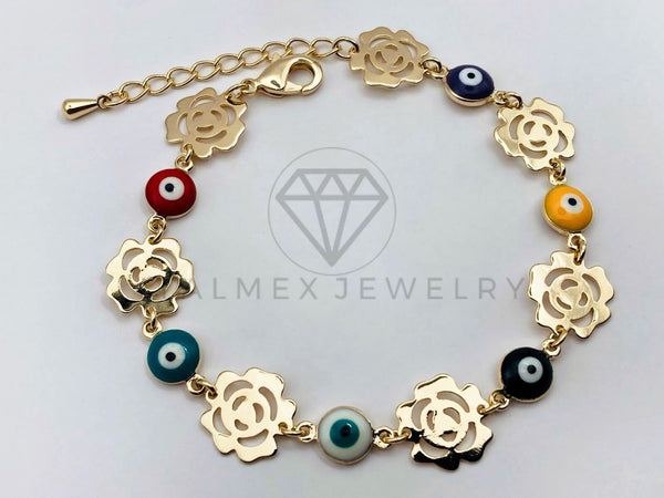 Pulsera de Lujo - 106219 -Pulsera Rosas y Ojo Turco Colores - Oro Laminado