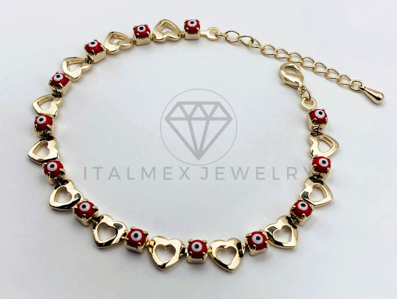 Pulsera de Lujo - 106216 -Pulsera Corazon y Ojo Turco Rojo - Oro Laminado