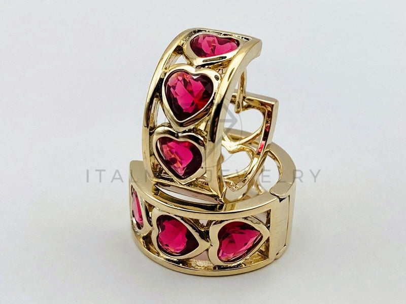 Arete de Lujo - 106151 - Huggie Corazones Circonia Roja - Oro Laminado 18K