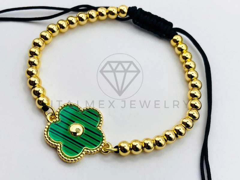 Pulsera Ajustable - 105960 - Diseño de Bola con Flor Verde Oro Laminado 18K