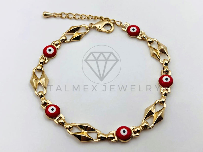 Pulsera de Lujo - 106220 -Pulsera Eslabon y Ojo Turco Rojo - Oro Laminado